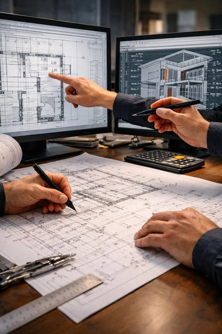 Two coordinators marking up construction drawings beside a monitor showing a building model