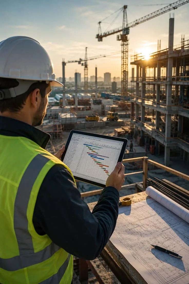 Project engineer reviewing a CPM bar-chart schedule on a tablet at a high-rise construction site
