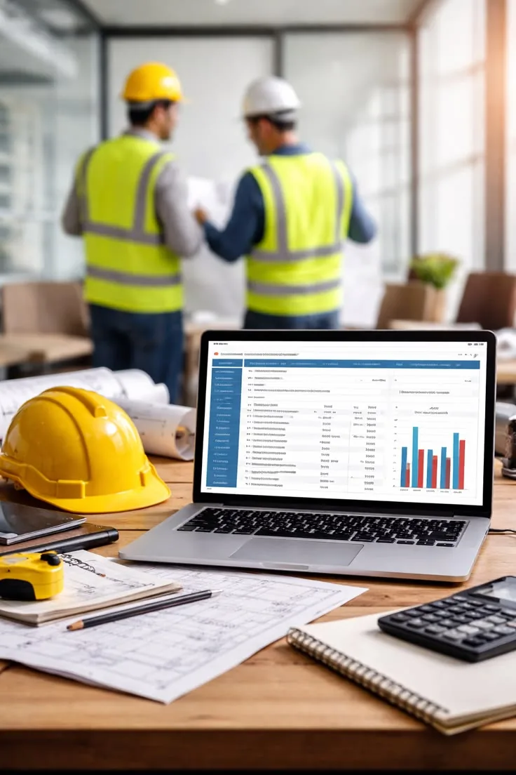 Laptop showing a cost and resource report on a desk with hard hat, plans and calculator