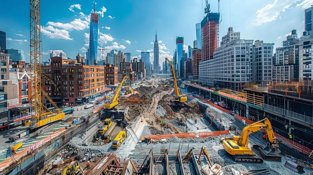 Active urban construction site with tower cranes, excavators and mid-rise buildings